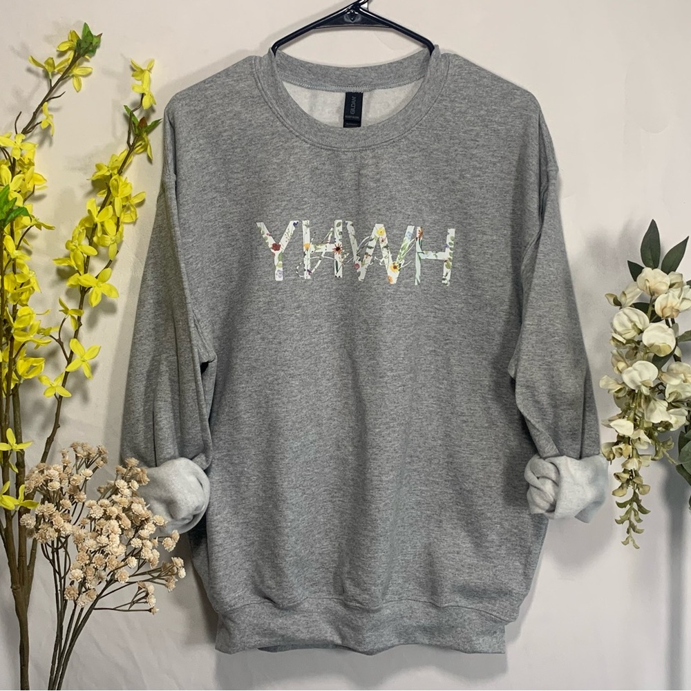 Gray Sweatshirt with Floral YHWH Design